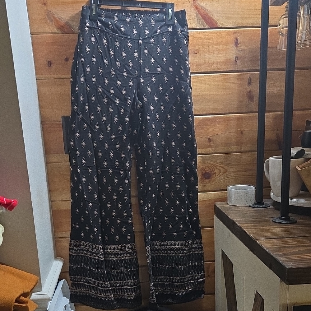 Boho Black Patterned Wide Leg Women's Pants Inseam 28inches - Picture 1 of 2